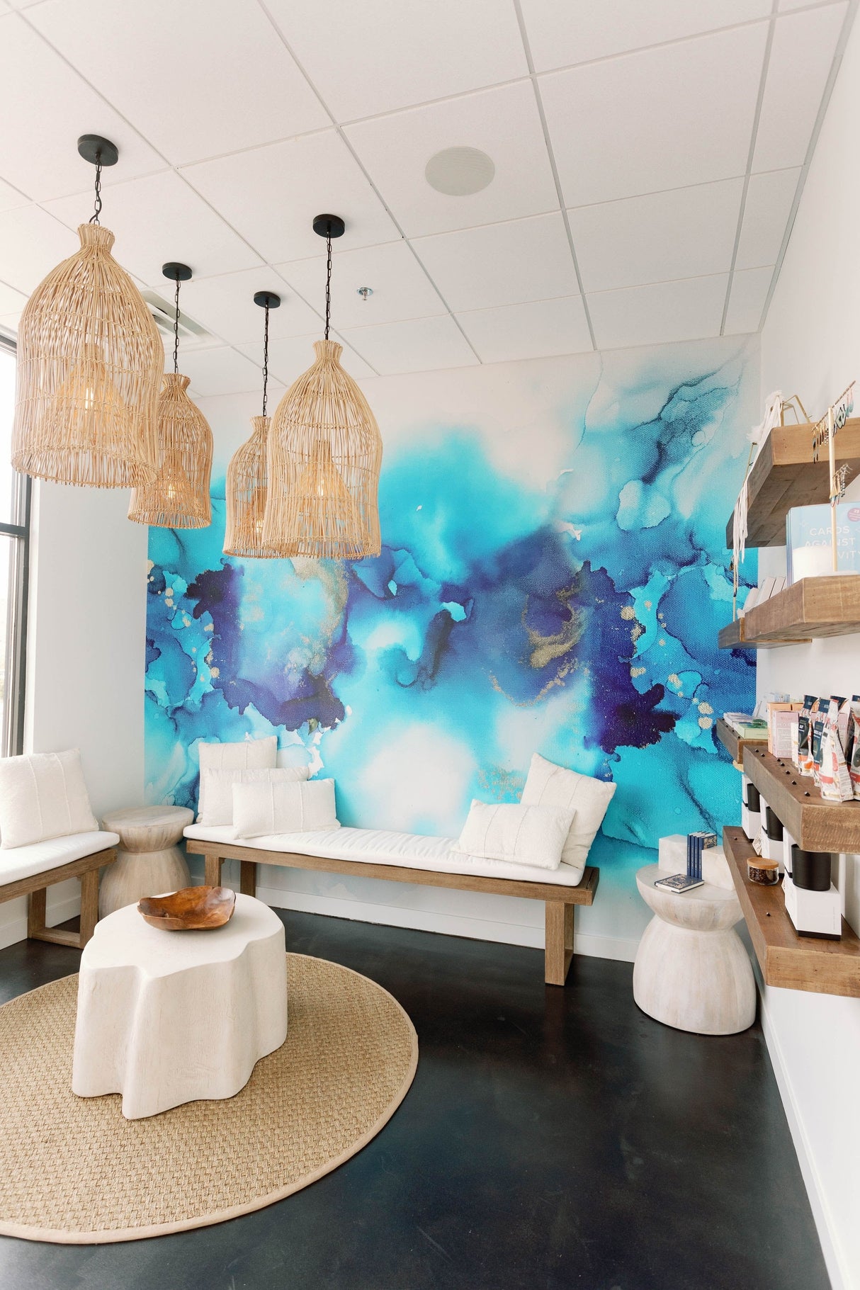 med spa decor, med spa design, wallpaper in office, modern wallpaper, abstract wallpaper, blue and white intetior, beach house interio, small business design