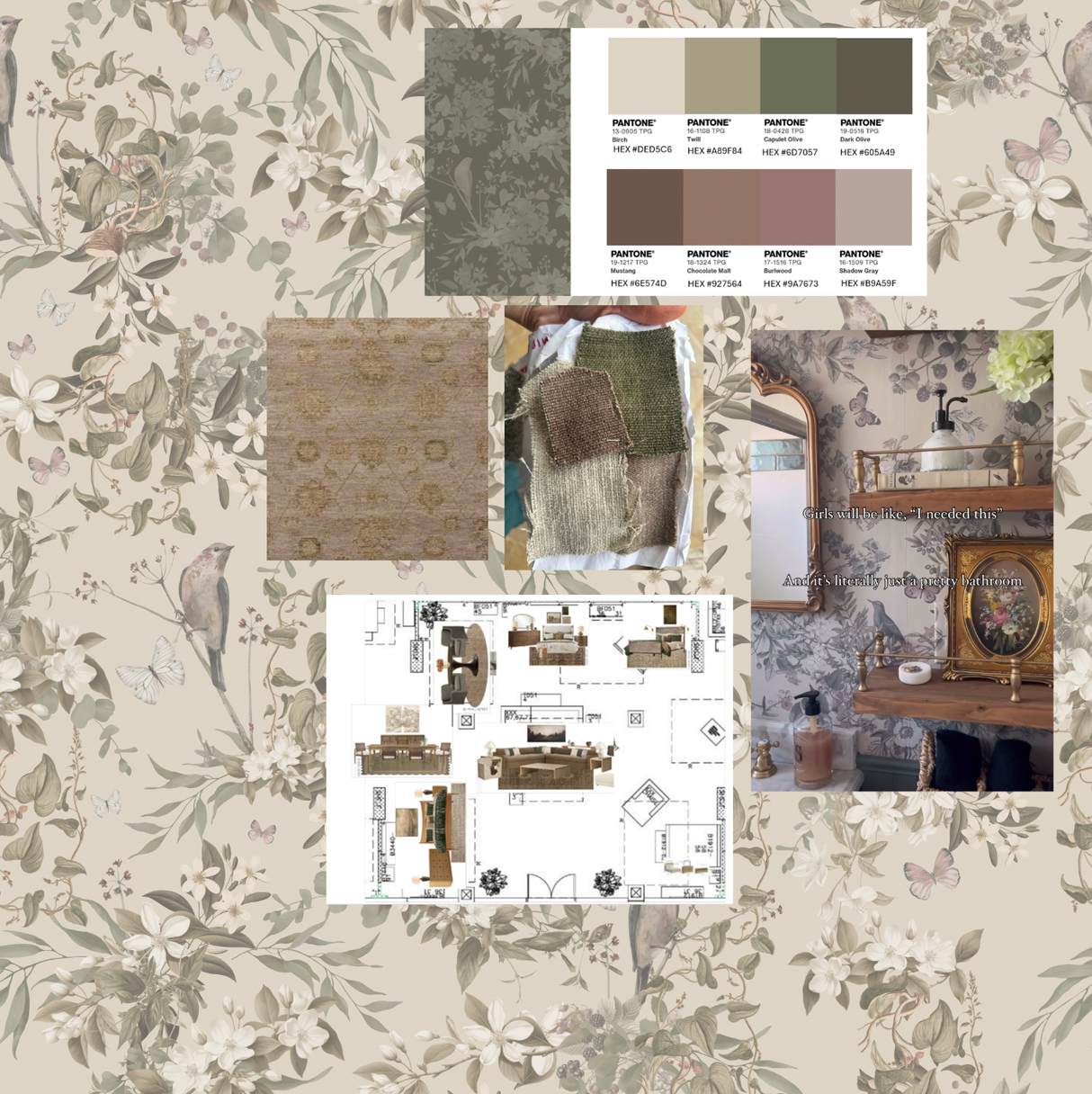 "Cypress" Oversized Wallpaper Mural & "Botanical" Wallpaper French Luxe each design printed 8' tall center wall 35'2" & two side walls each 4' 10" wide