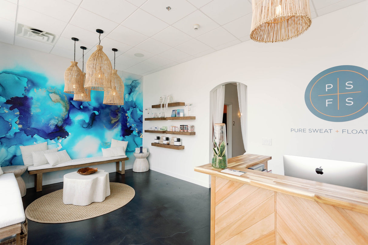 tropical decor, tropical wallpaper, tiki bar design, med spa design, med spa decor