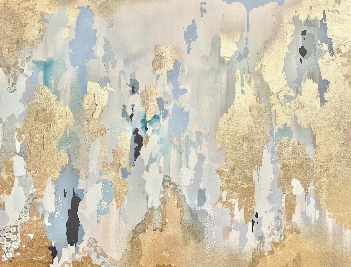 Famous abstract artist, Fran Maass created this stunning cream, blue, grey and gold design using alcohol inks, acrylic paint and gold leafing techniques.