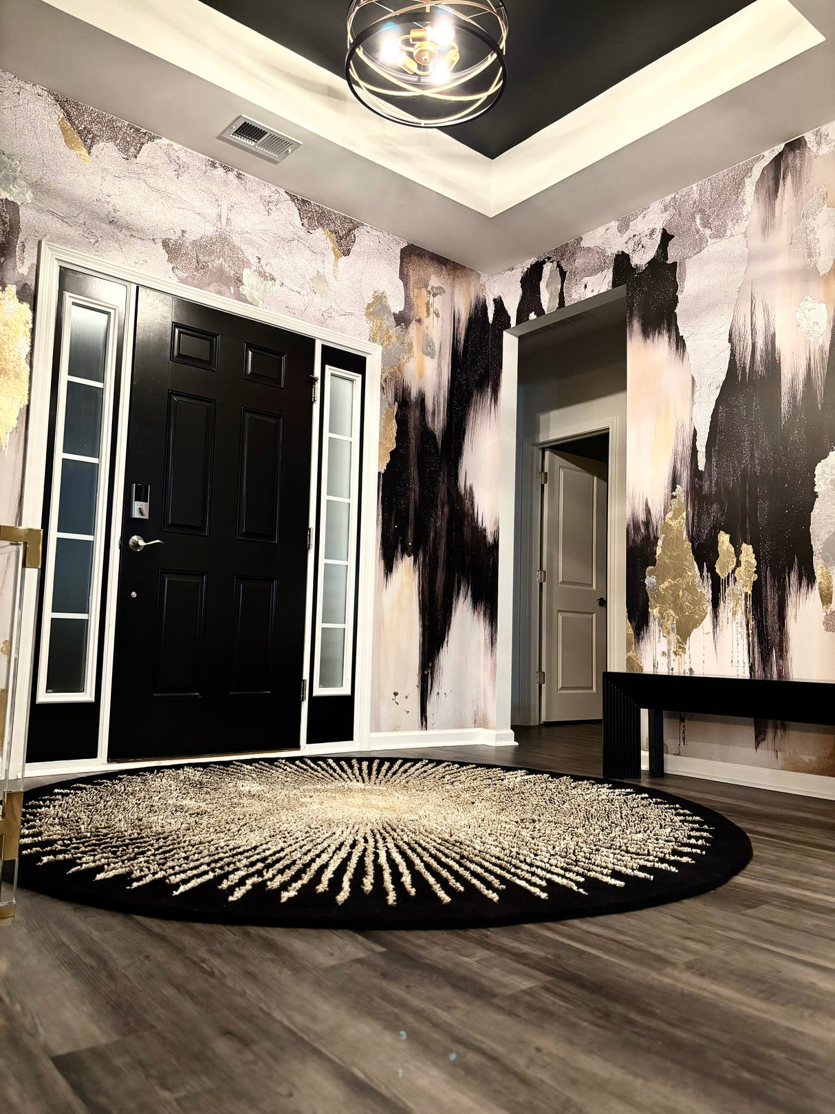 vivian ferne review, black and white wallpaper in entryway, entryway wallpaper, black white and gold interior decor design