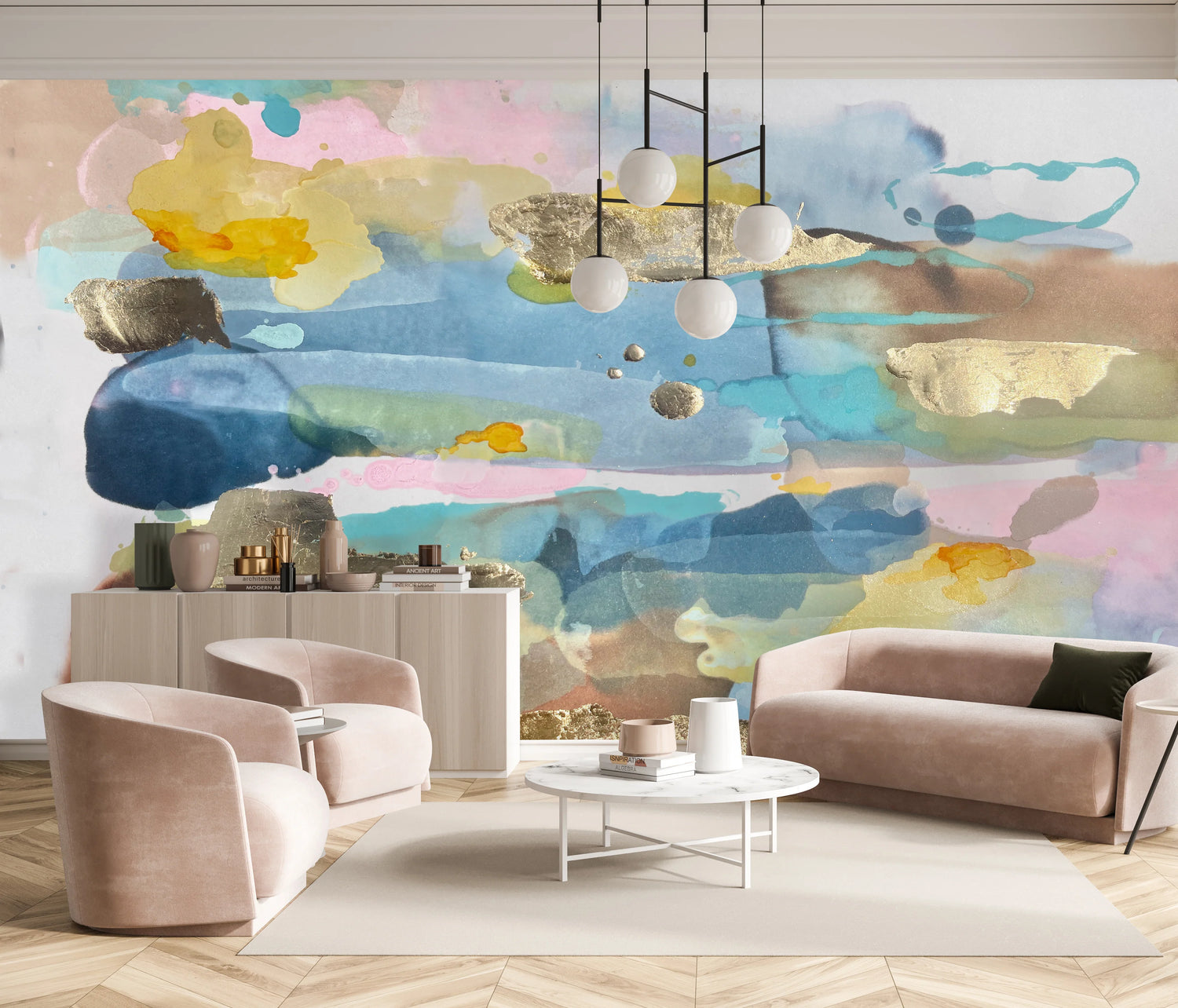 Wallpaper buyers interested in remodeling their living room or bedroom decor can be inspired by this dreamy mix of blushes, blues golds and browns. This modern abstract wallpaper design will transform any interior design space. Hotels lobbies, spas, salons and boutique looking for modern interior decor can be inspired by this wallpaper mural.