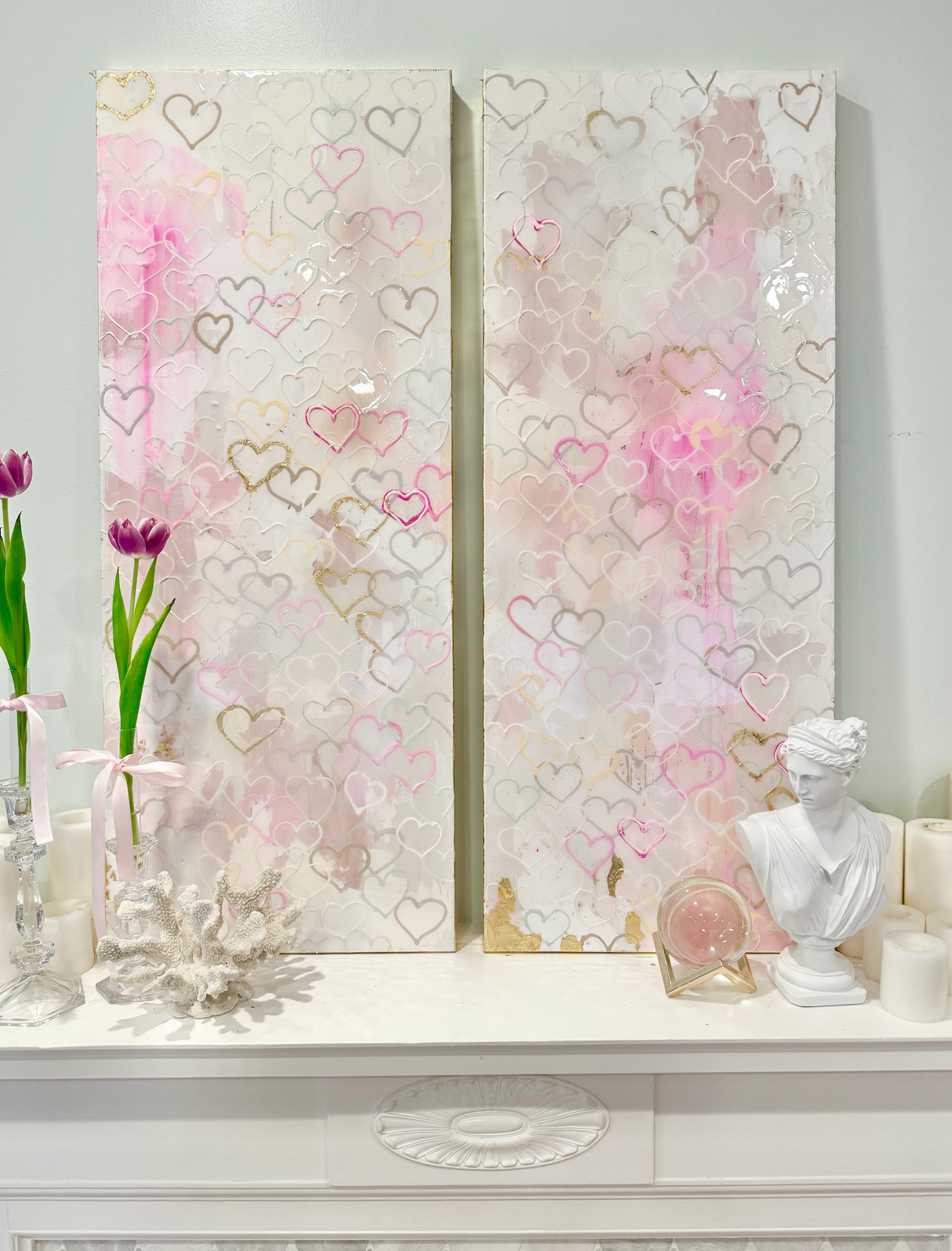 Set of Two Original  Paintings! Blush Heart Flutter Canvas 16" Tall x 40" wide each covered in high gloss resin