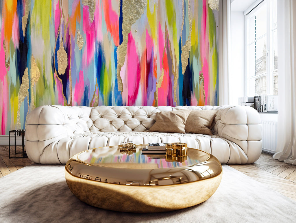 Feather Wall Mural living room, pink and gold interior, plush couch, wallpaper, gold coffee table, colorful wallpaper, vivian ferne wallpaper review, vivian ferne wallpaper, vivian ferne feather wallpaper, wallpaper wall mural, accent wall living room, living room accent wall, colorful abstract art, abstract art with gold leaf, resin abstract art, rainbow interior, gold round coffee table