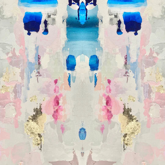 This large pattern interior wallpaper design is inspired by the original abstract painting created by famous abstract painter, Fran Maass Katz. This design was created using alcohol inks, acrylic paints and gold leafing. The painting was digitally transformed to create a large pattern interior wallpaper design.