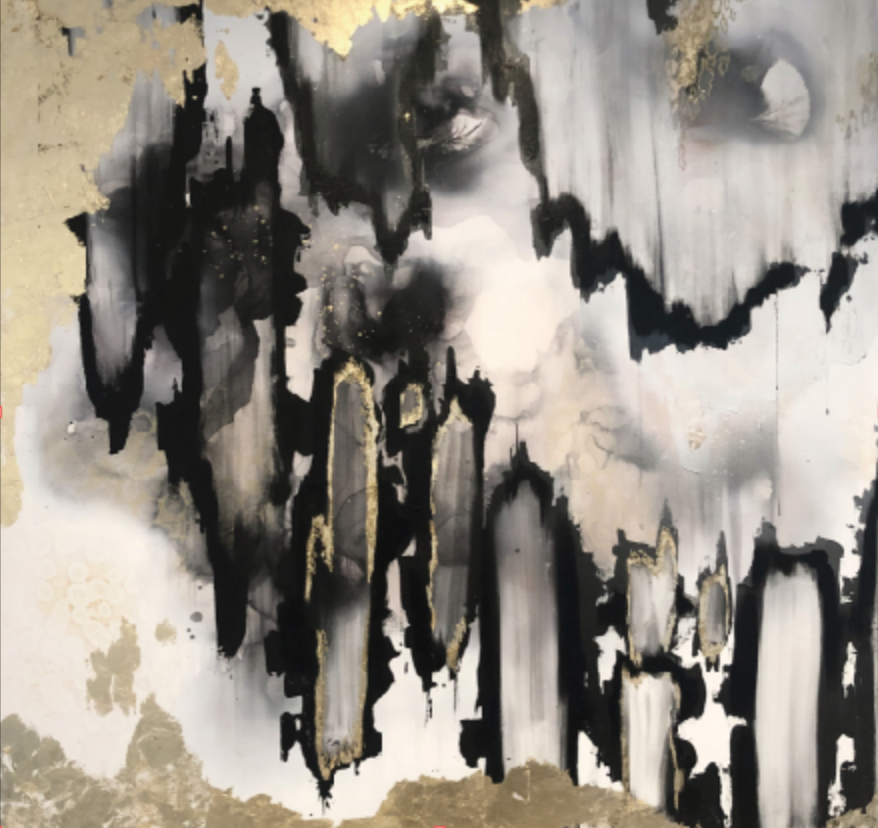 abstract accent wall mural black, gold, grey, and blush