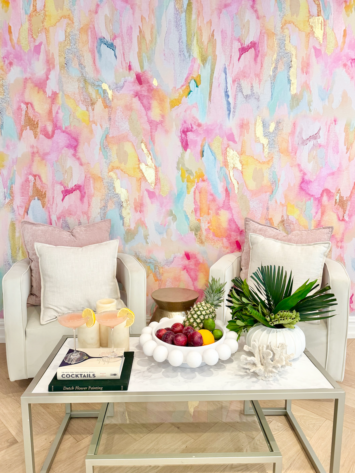 palm beach interior, tropical interior, tropical living room decor, beach house decor, vivian ferne southern belle wallpaper, vivian ferne wallpaper, vivian ferne review, pink wallpaper, pink nursery, pink interior design, dorm room decor, nursery wallpaper, home office wallpaper, boutique decor