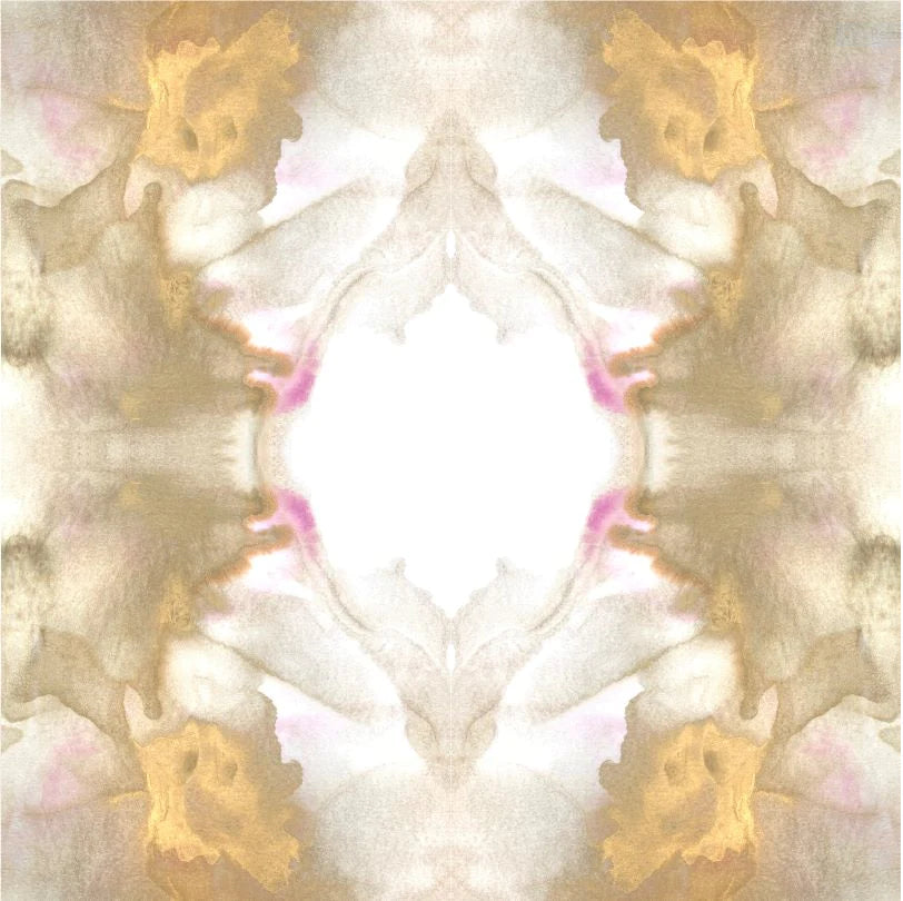 This design is a large pattern interior wallpaper design by famous interior designer Vivian Ferne. The gold, beige textures with a splash of pink creates delicate and luxurious design. This design is available in prepasted, peel and stick and french luxe materials.