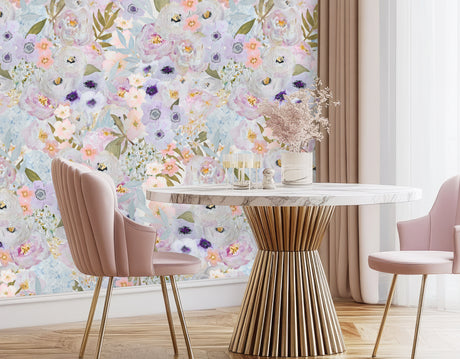 dining room wallpaper, floral wallpaper, vivian ferne wallpaper, pink dining room, pink living room, nursery wallpaper, abstract flower painting, peony wallpaper, peony bouquet, vivian ferne reviews, girls nursery, boutique design, restaurant design, dorm room decor