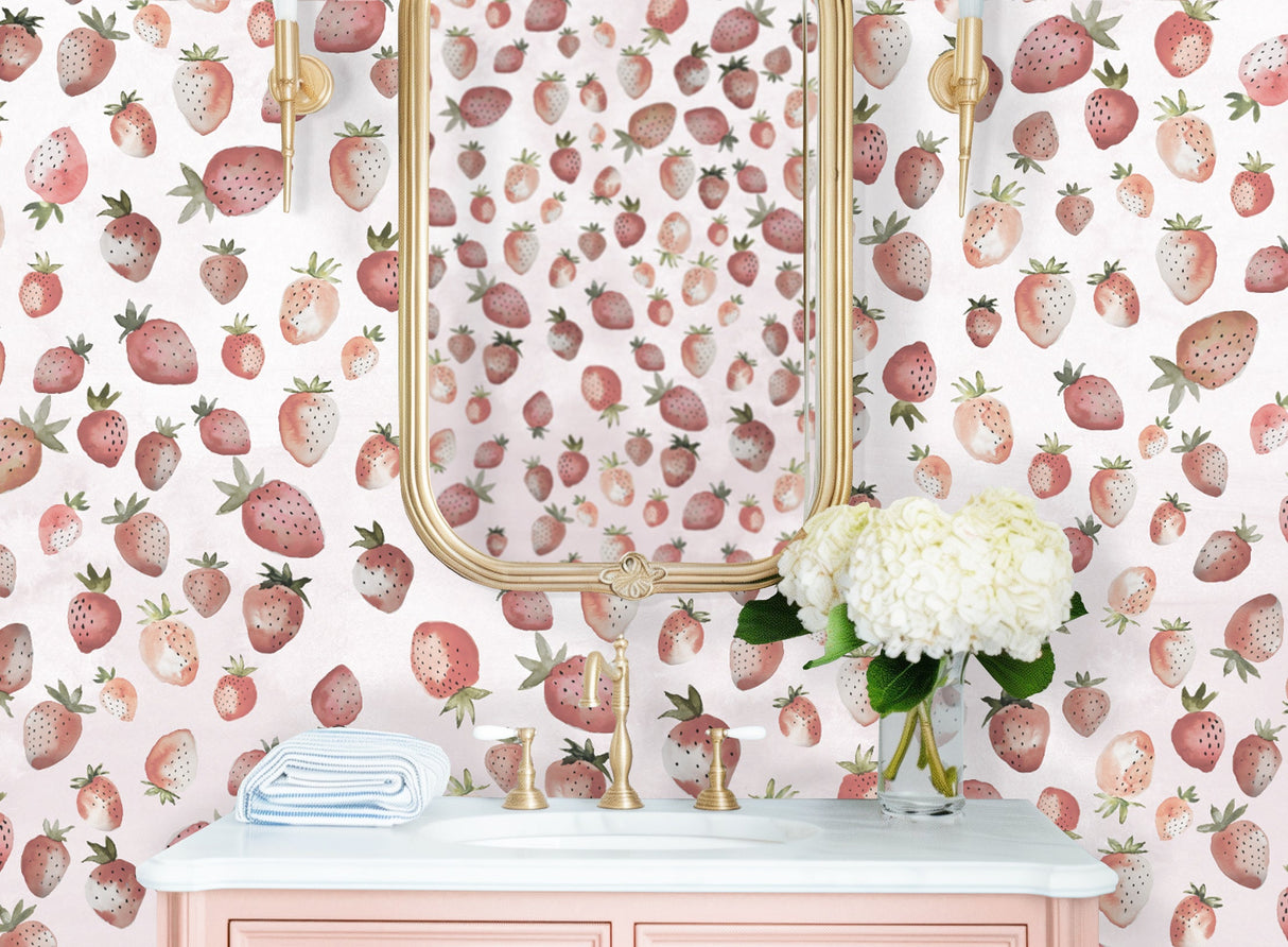 Strawberry wallpaper, vivian Ferne wallpaper, vivian ferne review, watercolor strawberries, strawberry nursery, vintage nursery decor, boutique design, ice cream shop decor, powder room wallpaper, pink wallpaper, pink interior, farmhouse decor, farmhouse wallpaper