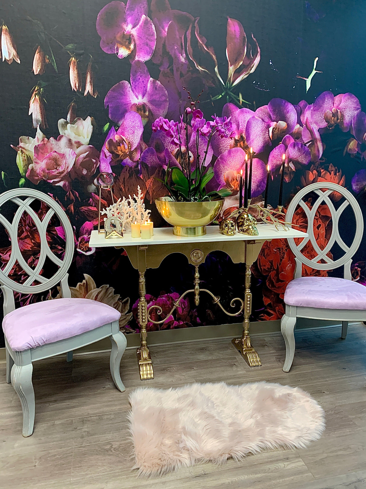 Vivian Ferne Oversized Wall Mural, Wallpaper, Wallpaper Wall Mural, Oversized Wallpaper Wall Mural, Vibrant Wallpaper, Vibrant Wall Mural, Maximalist Wall Mural, Vibrant Wall Art, Nursery Wallpaper, Office Wallpaper, Living Room Wallpaper, Black Dahlia Wallpaper Wall Mural, Black Flowers, Black Floral Wallpaper, Black Floral Art, Black Red Purple Flowers, Floral Sitting Area, Floral Accent Table, Dark Sitting Area, Gold Accent Wall