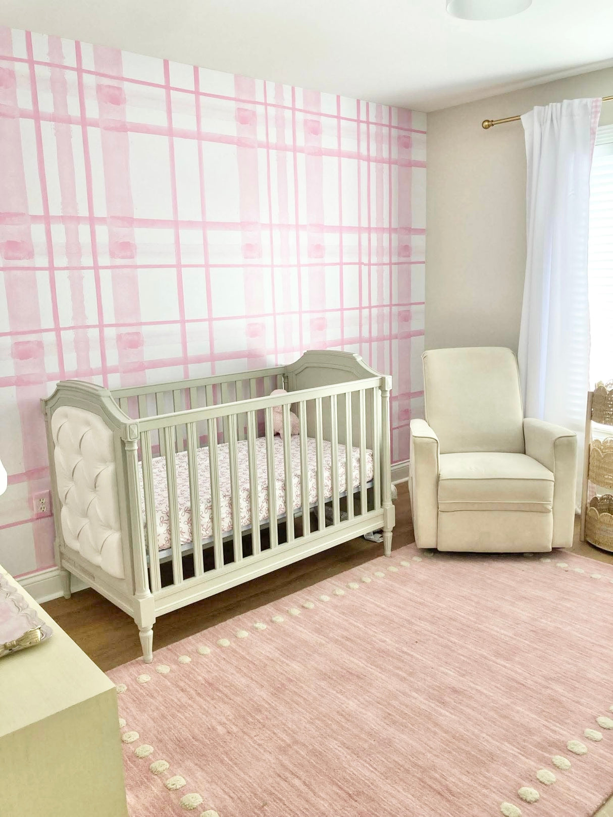 Vivian Ferne Pink Plaid Wallpaper in a customer photo, pink nursery design, pink nursery decor, pink interior design