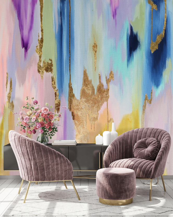 Vivian Ferne Oversized Wall Mural, Wallpaper, Wall Mural, Vibrant Wallpaper, Vibrant Wall Mural, Maximalist Wall Mural, Vibrant Wall Art, Nursery Wallpaper, Office Wallpaper, Living Room Wallpaper, Bedroom Wallpaper, Bathroom Wallpaper, Gold Accent Wall, Gold Wallpaper, Silver Wallpaper, Silver Accent Wall, Purple Chair, Velvet Chair, Purple Velvet Chair, White Vase, Floral Arrangement