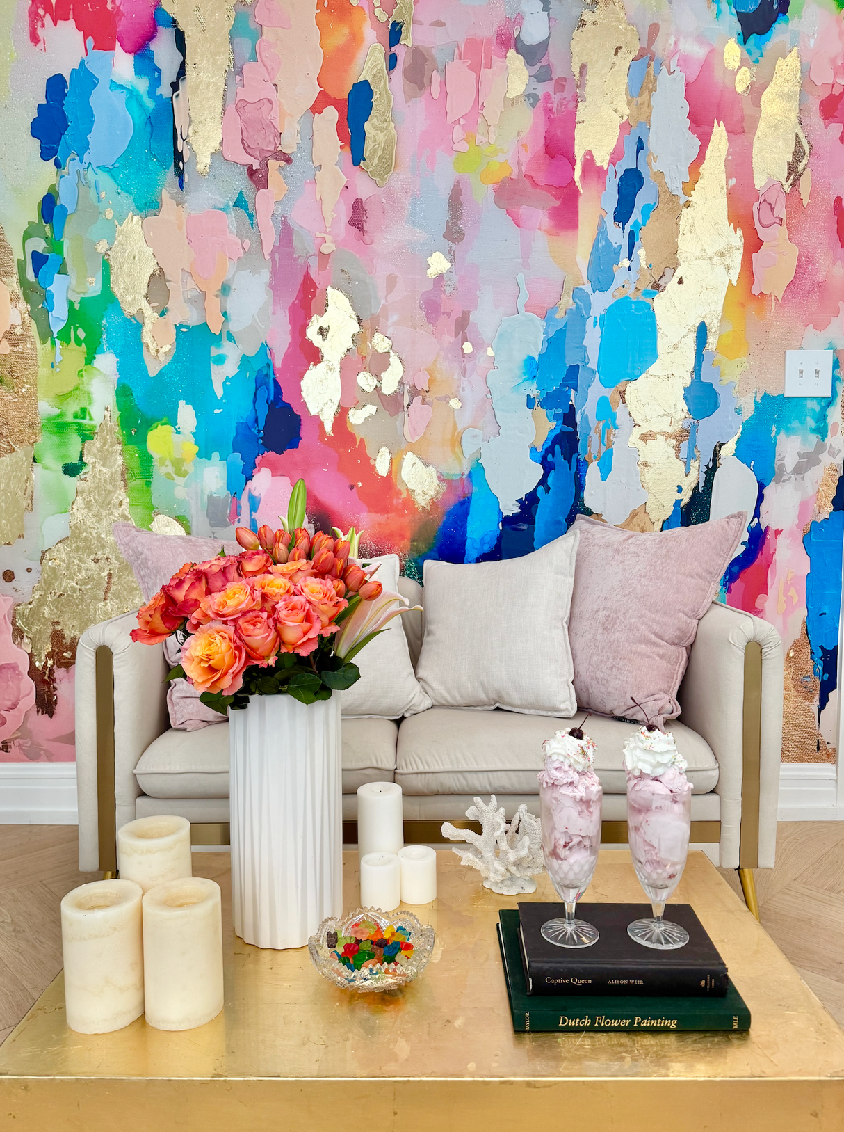 vivian ferne kids sprinkles mural, vivian ferne wallpaper, vivian ferne mural, sprinkles wallpaper, colorful wallpaper, abstract wallpaper, abstract art, pink art, large scale abstract art, gold wallpaper, gold coffee table, ice cream shop design, ice cream shop decor, airbnb design