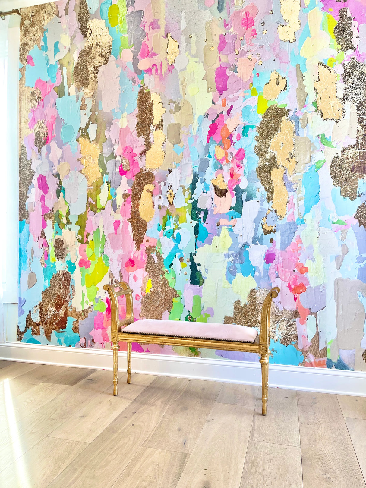 This vibrant lush interior wallpaper design will make any bedroom, bathroom or living room pop with bursts of color. Light blues, aquas, fuchsias greens and golds overlap with soft brushstrokes and layered resin/gold leafing. This wallpaper design was installed using Peel and stick wallpaper. This large scale abstract wall decor is a stunning feature to any home, hotel, boutique, salon or spa.