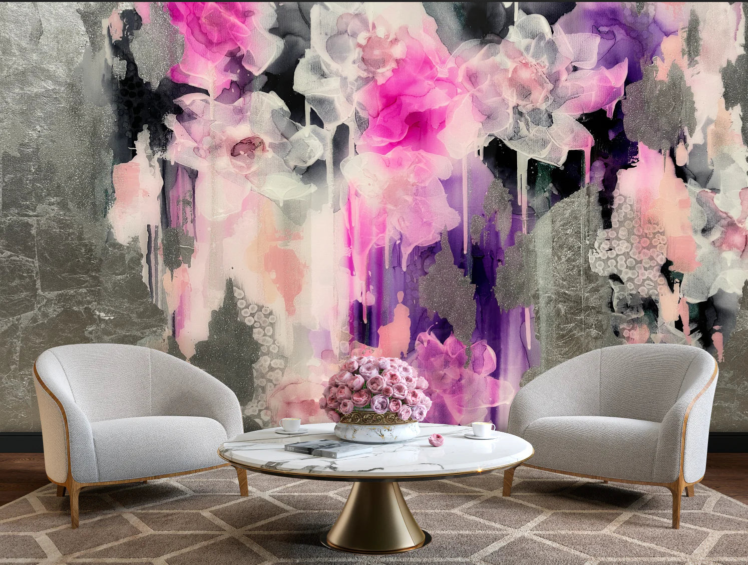 This living room staging of a large floral wallpaper design. The staging includes grey and wood tub chairs, marble coffee table and patterned floor rug.