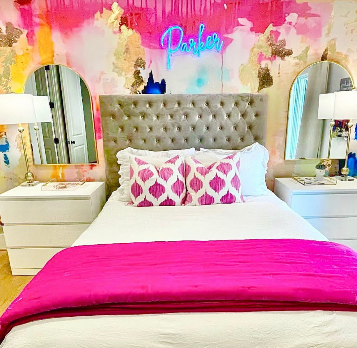 Vivian Ferne Oversized Wall Mural, Wallpaper, Kids Wallpaper, Oversized Wallpaper Wall Mural, Vibrant Wallpaper, Vibrant Wall Mural, Kids Wall Mural, Kids Wall Art, Nursery Wallpaper, Kids Bedroom Wallpaper, Kids Room Wallpaper, Bedroom Wallpaper, Bathroom Wallpaper, Gold Accent Wall, Gold Wallpaper, Silver Wallpaper, Silver Accent Wall, Pink Kids Room, Pink Bedroom, Teen Bedroom Decor, Kids Bedroom Decor, Neon Sign, Upholstered Bed, Pink Headboard, Gold Mirror, Gold Lamp