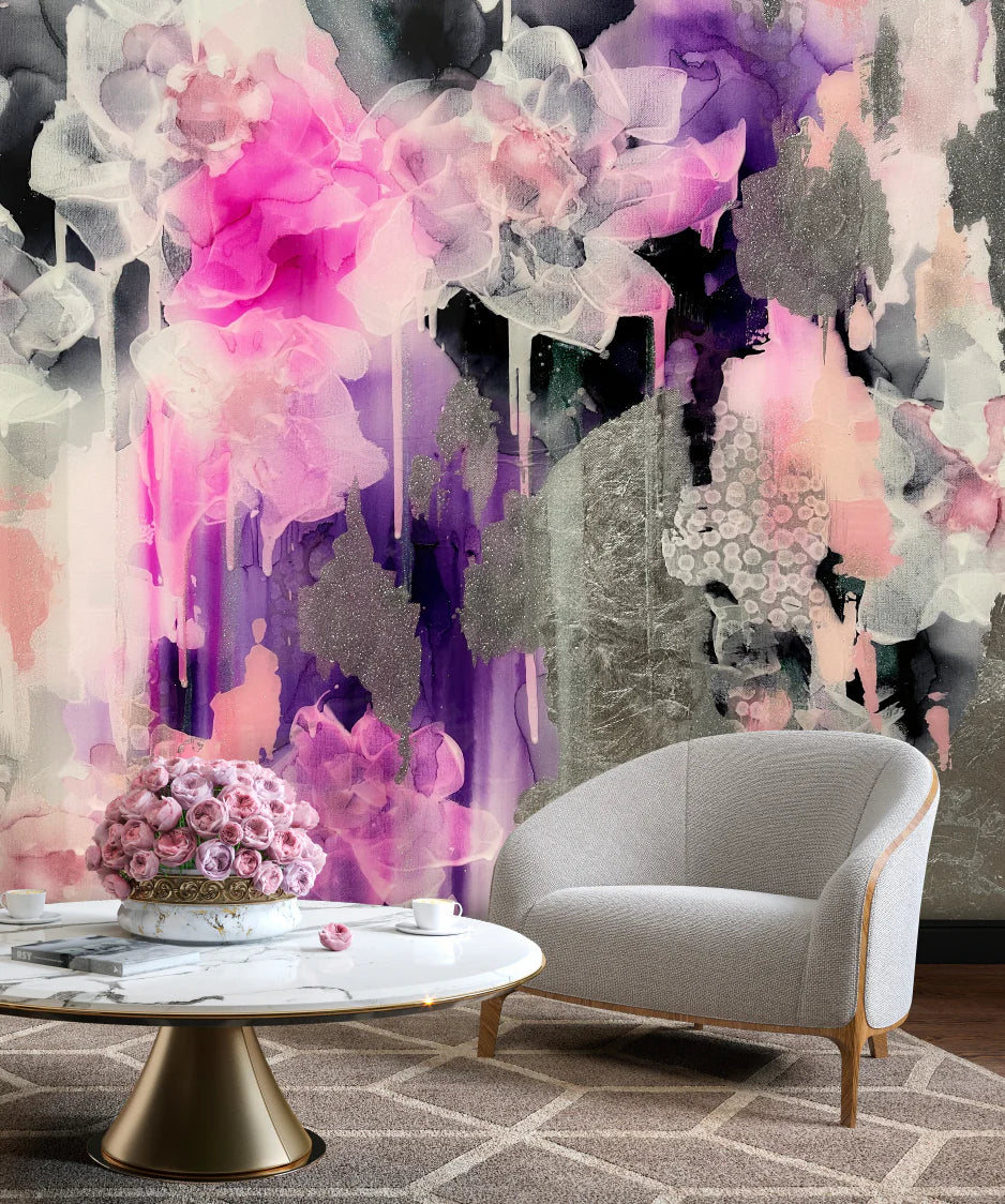 Close up of living room interior decor staging with large scale abstract wallpaper mural and tub love seats. This installation can be completed using French Luxe, peel and stick or prepasted wallpaper.