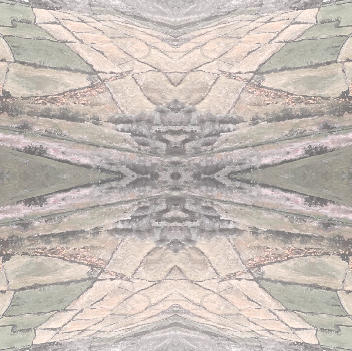 Large pattern repeating wallpaper design featuring beiges, greens and yellows. This theme is inspired by the stunning pastures of Ireland.