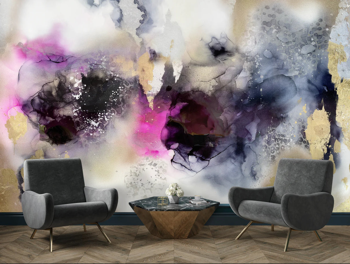 This stunning living room decor features a large scale abstract wallpaper design with fuchsias, raspberries, navy and gold tones. The large stark shapes create a beautiful amount depth, texture and spacial arrangement. Sweeping ink colors and swirls dance across the canvas creating movement and intrigue for this interior wallpaper design.