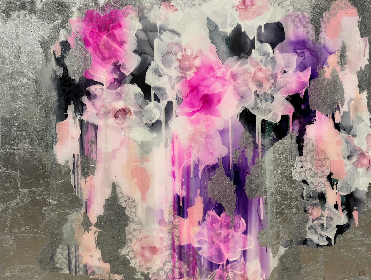 This original abstract painting of peonies was completed by famous abstract artist, Fran Maass using acrylic paints, silver leafing and alcohol inks.