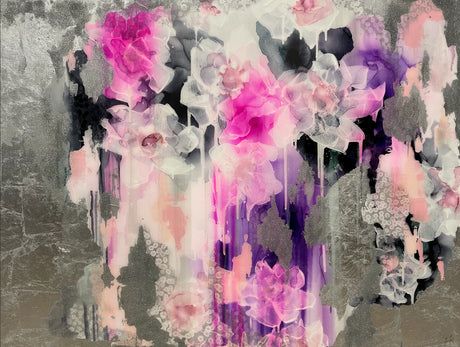 This original abstract painting of peonies was completed by famous abstract artist, Fran Maass using acrylic paints, silver leafing and alcohol inks.