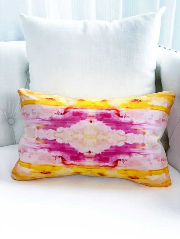 Sunshine yellow and pink long pillow for sale by Vivian Ferne