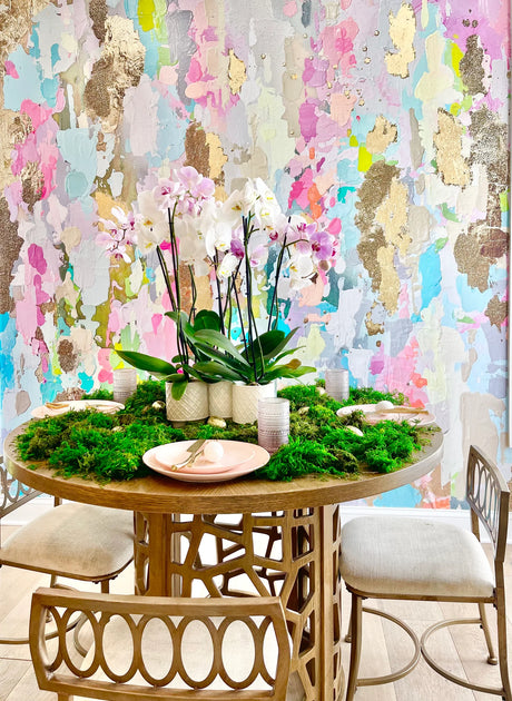Spring interior design gives us a chance to refresh, bring in new colors and add some vibrant features to our homes, spas, salons or hotels. This accent wall features an original large scale abstract wallpaper by famous interior designer, Fran Maass Katz. These designs are inspired by original paintings and digitally recreated into stunning interior wallpapers.