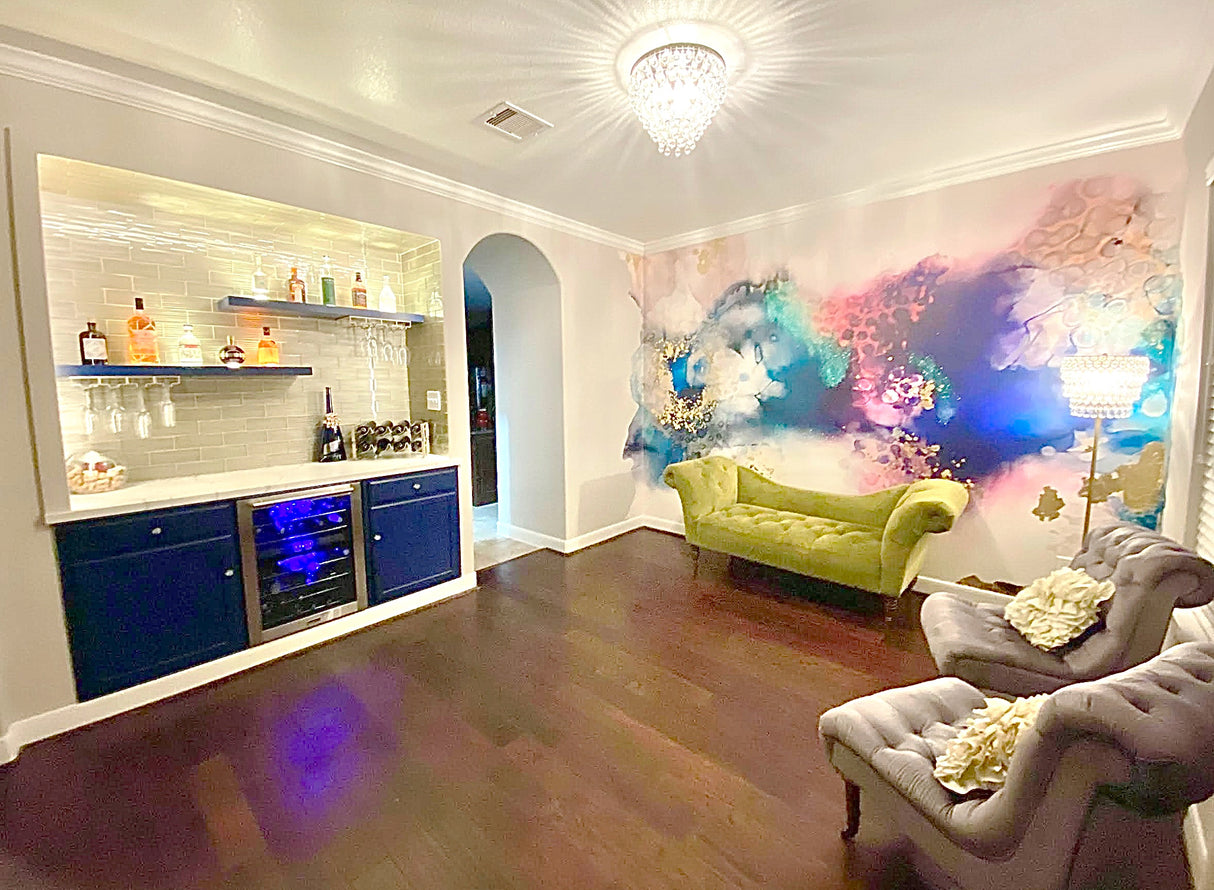 Vivian Ferne Oversized Wall Mural, Wallpaper, Wallpaper Wall Mural, Oversized Wallpaper Wall Mural, Vibrant Wallpaper, Vibrant Wall Mural, Maximalist Wall Mural, Vibrant Wall Art, Nursery Wallpaper, Office Wallpaper, Living Room Wallpaper, Gold Accent Wall, Wallpaper Airbnb, Blue Sitting Area, Purple Accent Wall Sitting Room, Purple Velvet Chairs, Gold Accent Chair, Airbnb, Apartment Wallpaper, Sitting Room Wallpaper, Bar, House Bar, Green Accent Couch, Chandelier