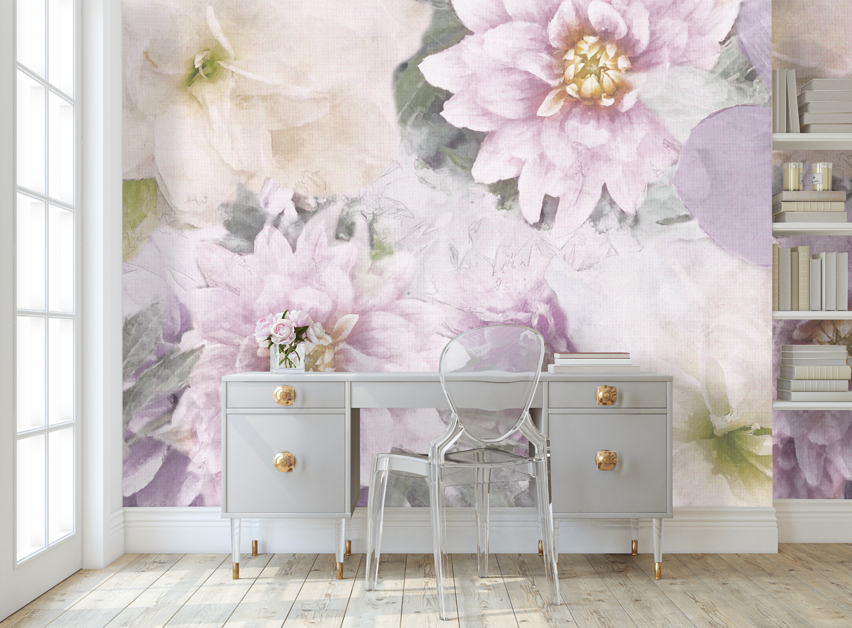 Vivian Ferne Oversized Wall Mural, Wallpaper, Wall Mural, Vibrant Wallpaper, Vibrant Wall Mural, Maximalist Wall Mural, Vibrant Wall Art, Nursery Wallpaper, Office Wallpaper, Living Room Wallpaper, Bedroom Wallpaper, Bathroom Wallpaper, Gold Accent Wall, Gold Wallpaper, Silver Wallpaper, Silver Accent Wall, Floral Wallpaper, Floral Decor, Dahlia Wallpaper, Floral Design, Floral Office Design, Best Wallpaper, Removable Wallpaper