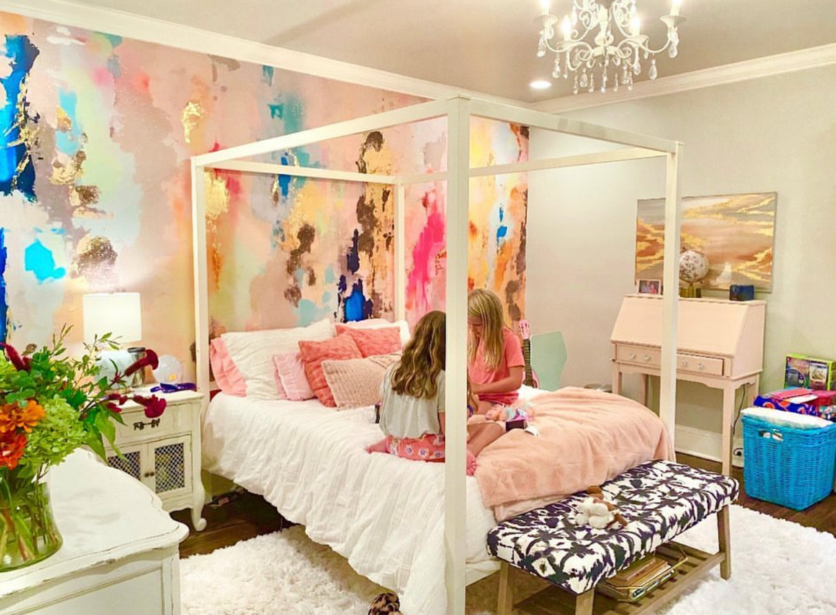 Vivian Ferne Oversized Wall Mural, Wallpaper, Kids Wallpaper, Vibrant Wallpaper, Vibrant Wall Mural, Kids Wall Mural, Kids Wall Art, Nursery Wallpaper, Kids Bedroom Wallpaper, Kids Room Wallpaper, Bedroom Wallpaper, Bathroom Wallpaper, Gold Accent Wall, Gold Wallpaper, Silver Wallpaper, Silver  Accent Wall, Pastel Wallpaper, Rainbow Wallpaper, Canopy Bed, Pink Bedroom, Kids Canopy Bed, White Chandelier, Bedroom Chandelier