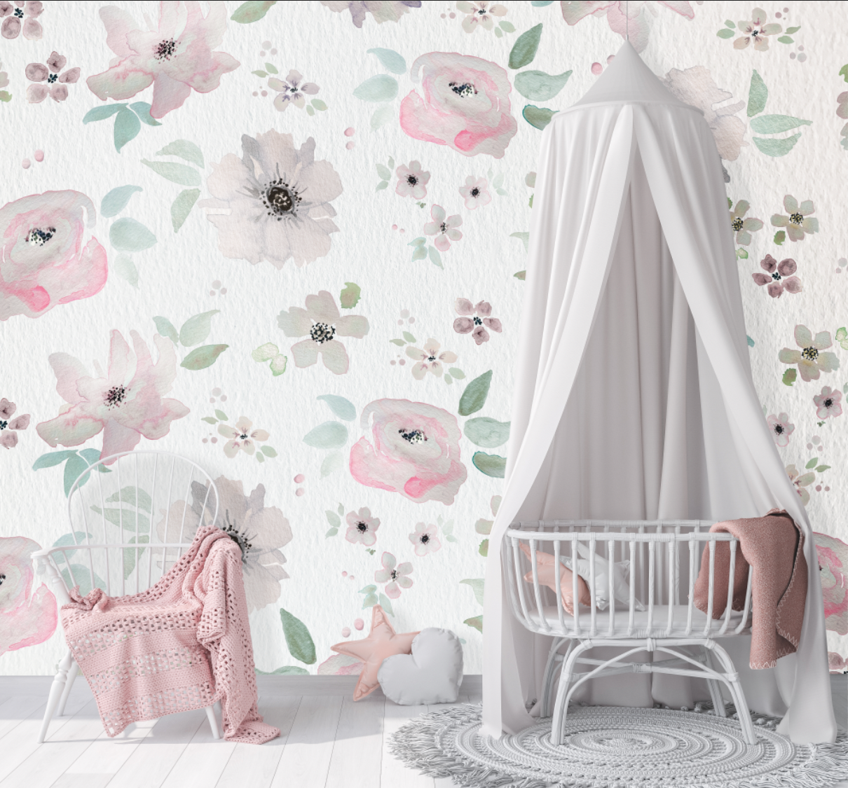 Vivian Ferne Oversized Wall Mural, Wallpaper, Kids Wallpaper, Vibrant Wallpaper, Vibrant Wall Mural, Kids Wall Mural, Kids Wall Art, Nursery Wallpaper, Kids Bedroom Wallpaper, Kids Room Wallpaper, Bedroom Wallpaper, Bathroom Wallpaper, Gold Accent Wall, Gold Wallpaper, Silver Wallpaper, Silver Accent Wall, Pastel Wallpaper, Purple Floral Wallpaper, Floral Wallpaper, Floral Wall Mural, Floral Nursery, Purple Nursery, Nursery Decor, Pink Nursery, White Crib, Pink Baby Blanket, Star Pillow, Heart Pillow