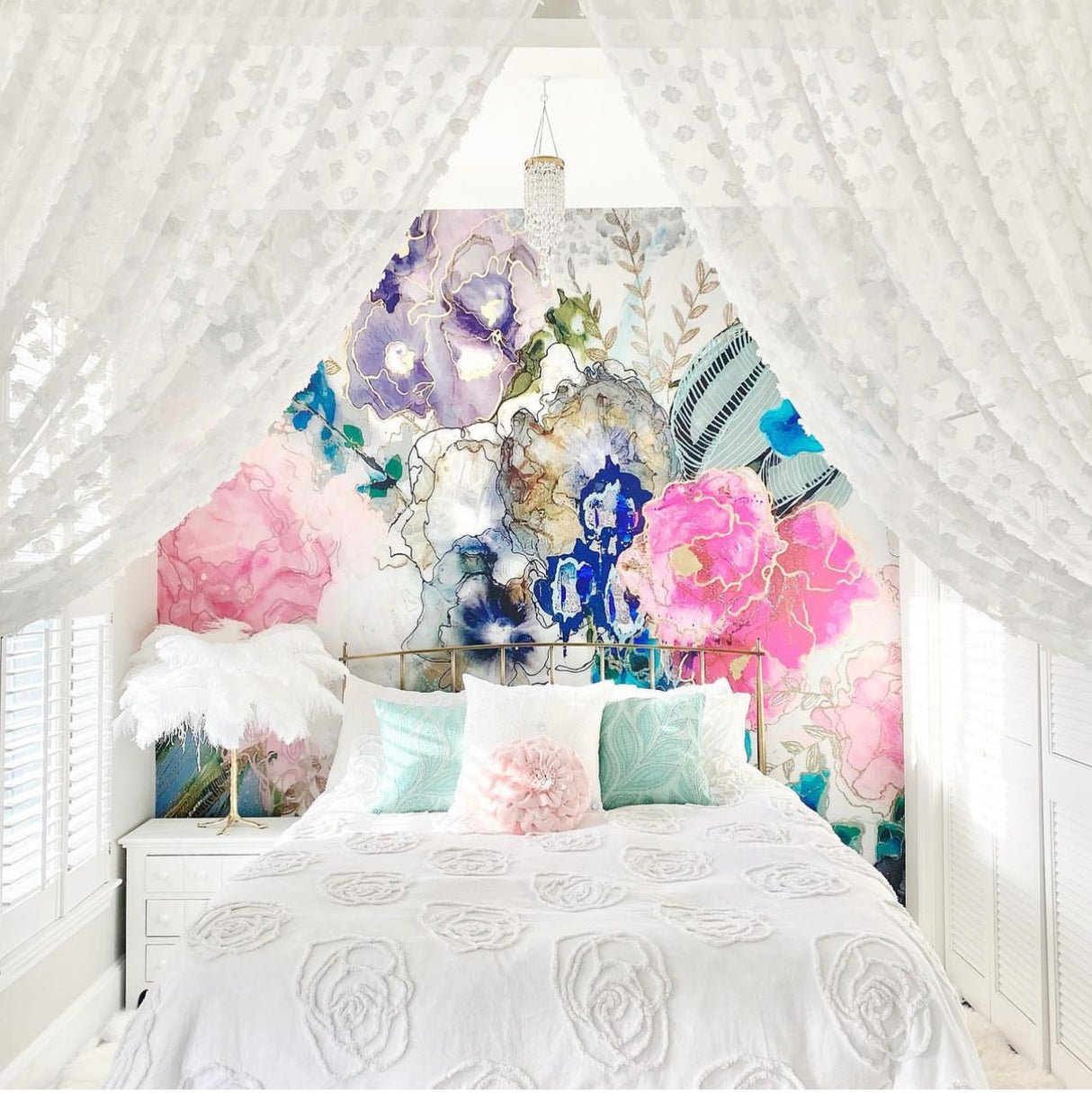 Vivian Ferne Oversized Wall Mural, Wallpaper, Kids Wallpaper, Vibrant Wallpaper, Vibrant Wall Mural, Kids Wall Mural, Kids Wall Art, Nursery Wallpaper, Kids Bedroom Wallpaper, Kids Room Wallpaper, Bedroom Wallpaper, Bathroom Wallpaper, Gold Accent Wall, Gold Wallpaper, Silver Wallpaper, Silver Accent Wall, Pastel Wallpaper, Wisteria Wallpaper, Wisteria Painting, Watercolor Wisteria, Wisteria Drawing, Canopy Bed, Crustal Chandelier, Ostrich Lamp, Fur Pillow, Kids Canopy Bed