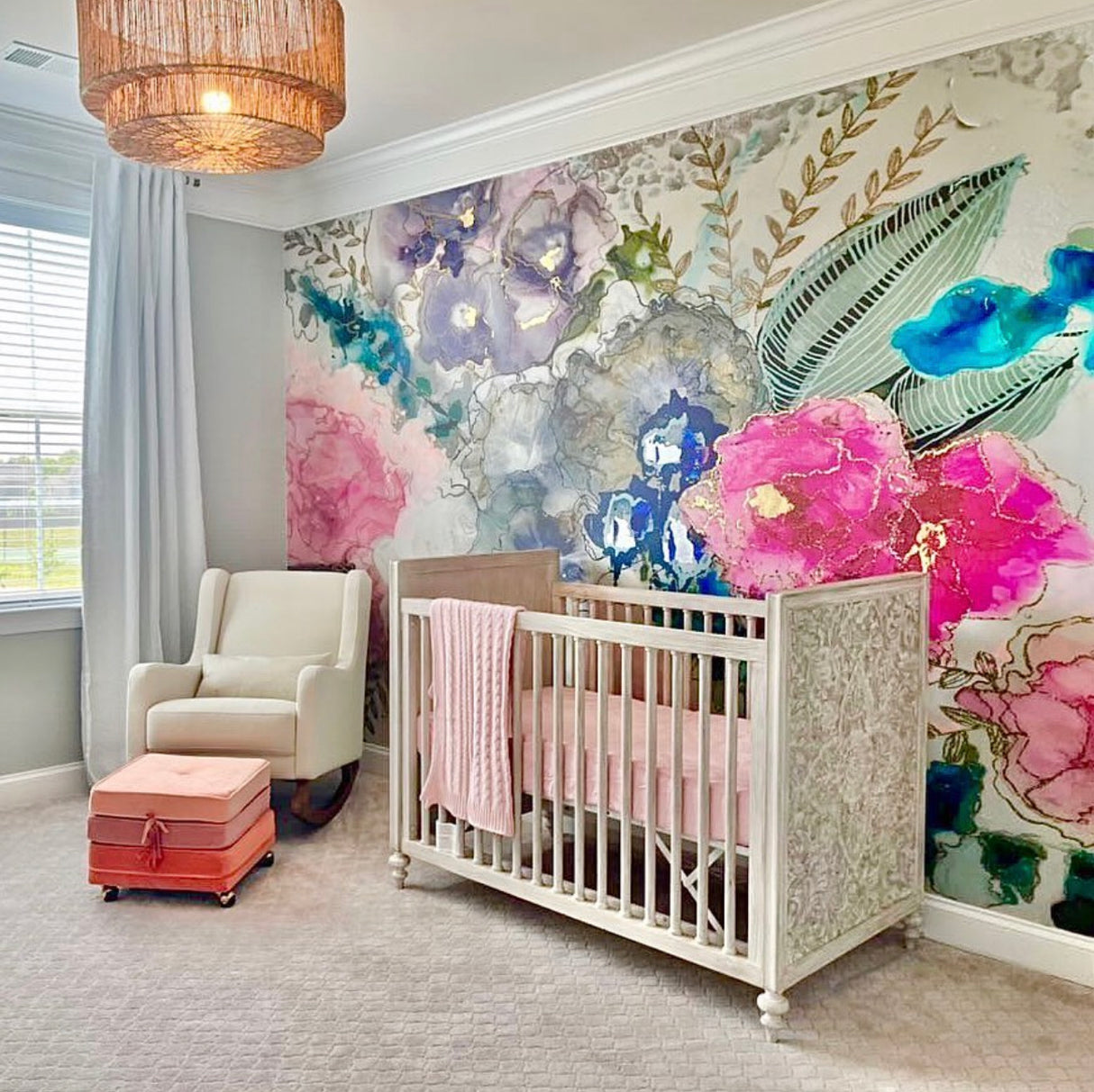 Vivian Ferne Oversized Wall Mural, Wallpaper, Kids Wallpaper, Vibrant Wallpaper, Vibrant Wall Mural, Kids Wall Mural, Kids Wall Art, Nursery Wallpaper, Kids Bedroom Wallpaper, Kids Room Wallpaper, Bedroom Wallpaper, Bathroom Wallpaper, Gold Accent Wall, Gold Wallpaper, Silver Wallpaper, Silver Accent Wall, Pastel Wallpaper, Wisteria Wallpaper, Watercolor Wallpaper, Wisteria Painting, Floral Nursery, Gold Chandelier, Wood Crib, Nursery Floral Decor