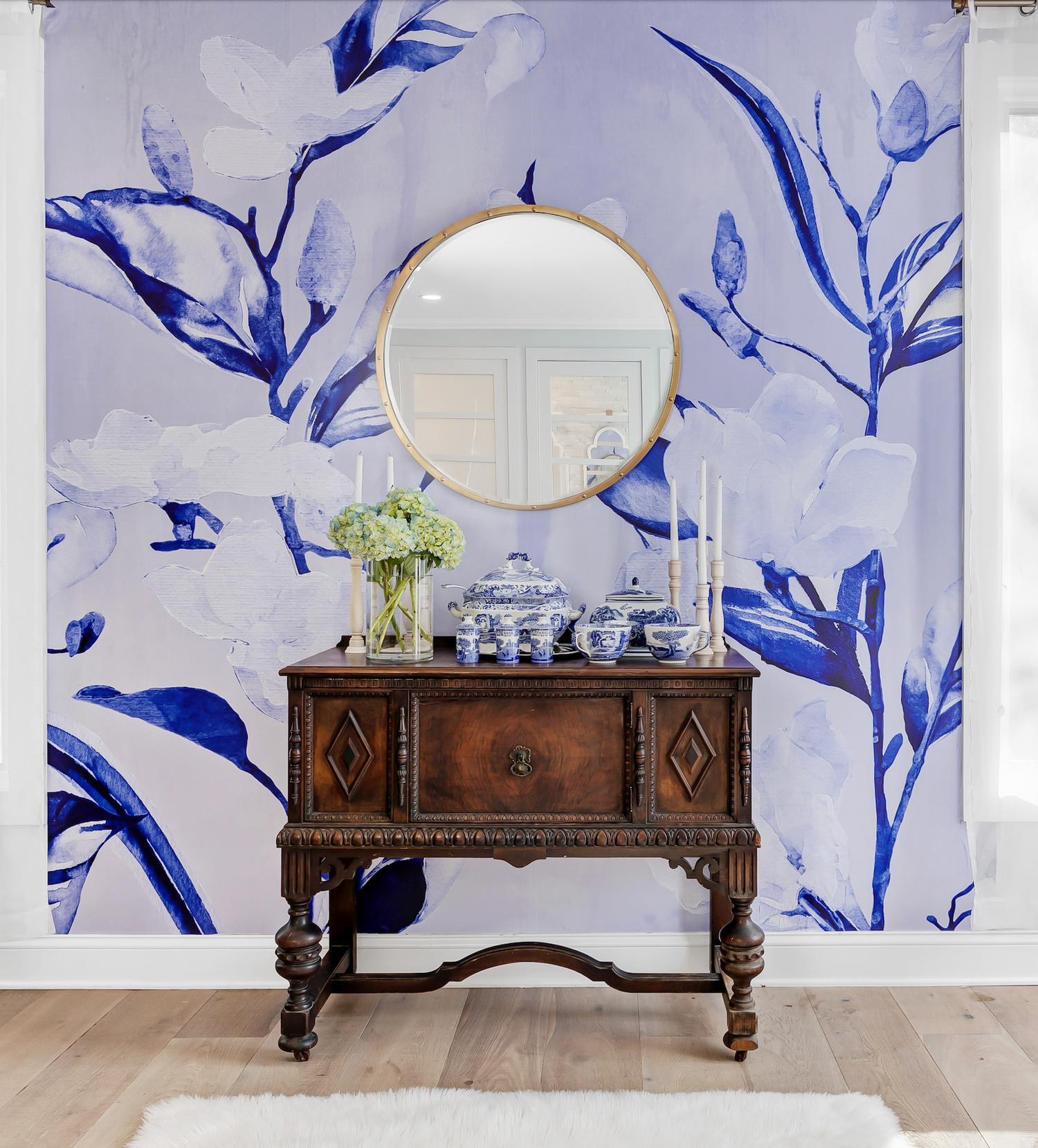 Vivian Ferne Oversized Wall Mural, Wallpaper Orchard, Traditional Wallpaper, Bold Wall Mural, Minimalist Wallpaper, Modern Wallpaper, Vibrant Wall Art, Nursery Wallpaper, Office Wallpaper, Living Room Wallpaper, Bedroom Wallpaper, Bathroom Wallpaper, Gold Accent Wall, Gold Wallpaper, Silver Accent Wall, Blue Wallpaper, Blue China, Blue Magnolia, Floral Wall Decal, Blue Flower Decal, Blue Entryway