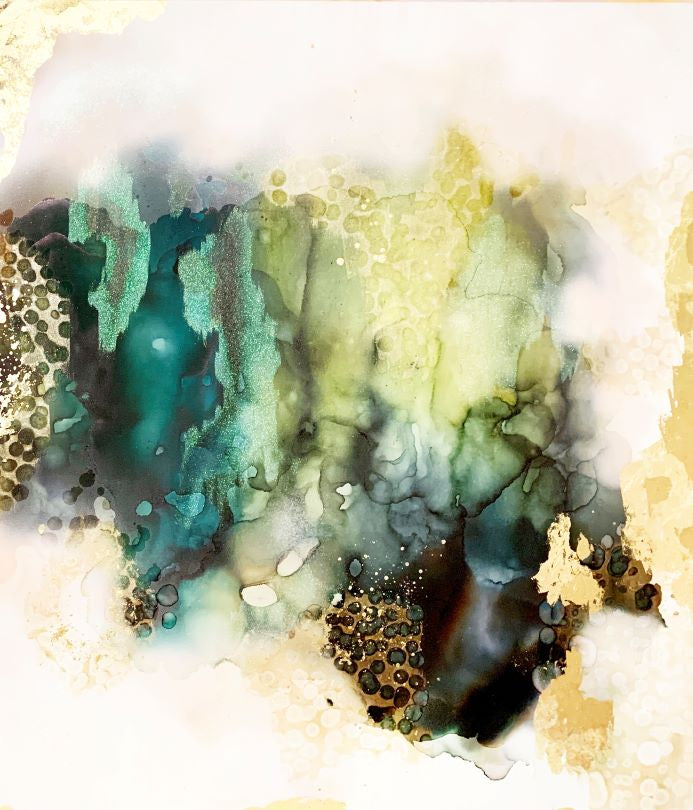 Green and gold interior wall design for sale by Vivian Ferne