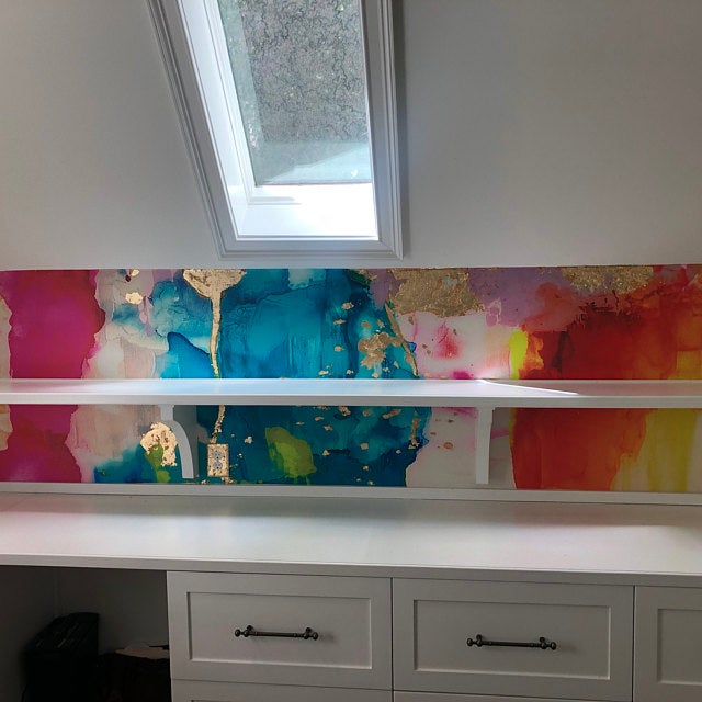 Clients brought their closet to life with this colorful, golf leafed peel and stick wall paper. The design is a digitized rendering of the original abstract artwork from famous abstract artist, Fran Maass Katz. This design is available in pre pasted, peel and stick and French Luxe materials.