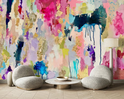 Luxury Hotel lobby space with stunning large scale multi-color wallpaper mural. This design is inspired by the original abstract painting from famous painter, Fran Maass.