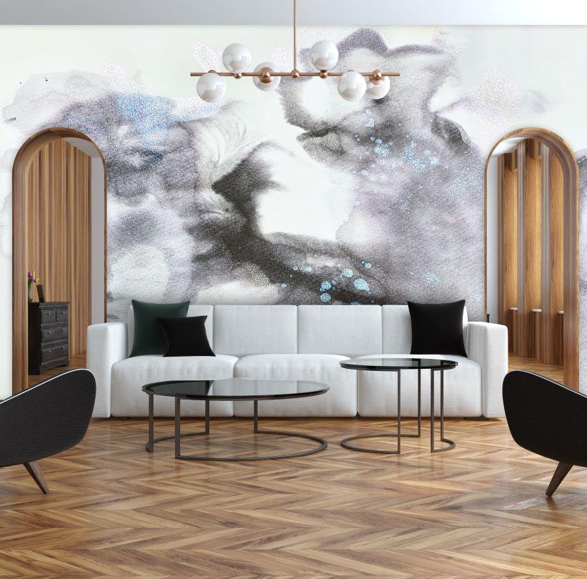 Living room interior design with arches, wood floors and panels and an abstract wallpaper mural design by Vivian Ferne. 