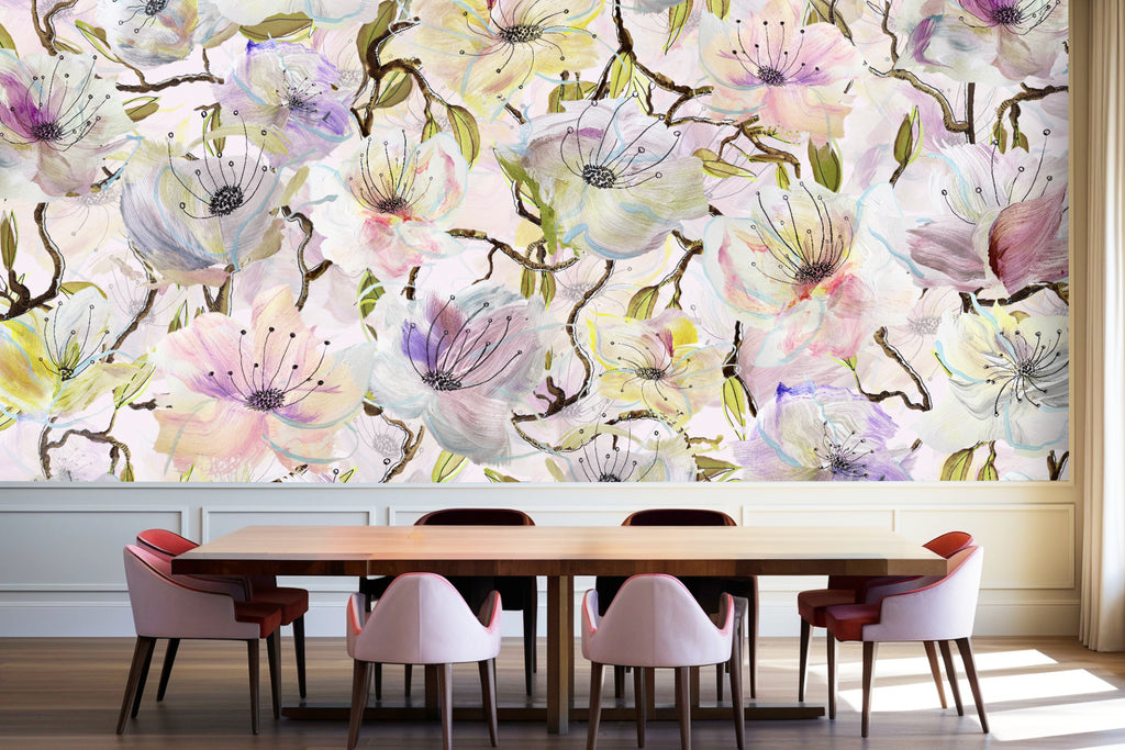 FloralWallpaper, large floral wallpaper, vivian ferne wallpaper mural, abstract floral painting, vivian ferne reviews, dining room wallpaper