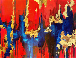 This is the original abstract painting was created by famous abstract designer, Fran Maass Katz. This painting features bold reds, deep blues and gold tones that create a wave of color, texture and depth.