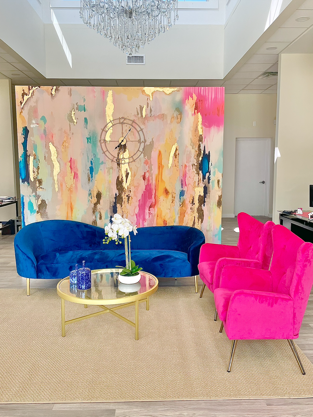 Dental office lobby design, dental office decor, rainbow wallpaper, wallpaper accent wall, sitting room wallpaper, vivian ferne review, vivian ferne wallpaper, hot pink interior, teen room decor, teen room design, pink home office, pink nursery decor