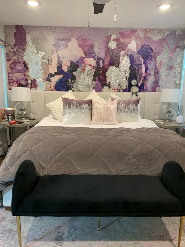 Customer photo of purple, pink and silver luxury abstract wallpaper design. These unique designs are created from hand painted abstract murals that have been digitally recreated and turned into interior wall decor.