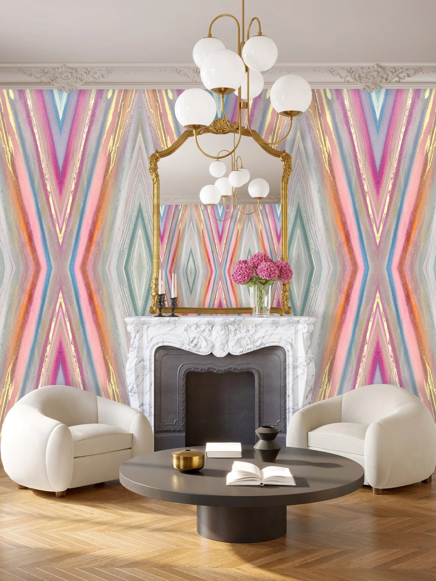 This multi-color wallpaper design is a stunning art installation for luxury homes, condos, beachfront properties, hotels and office spaces. Elevate your interior design needs with an affordable product that makes any space luxurious. 