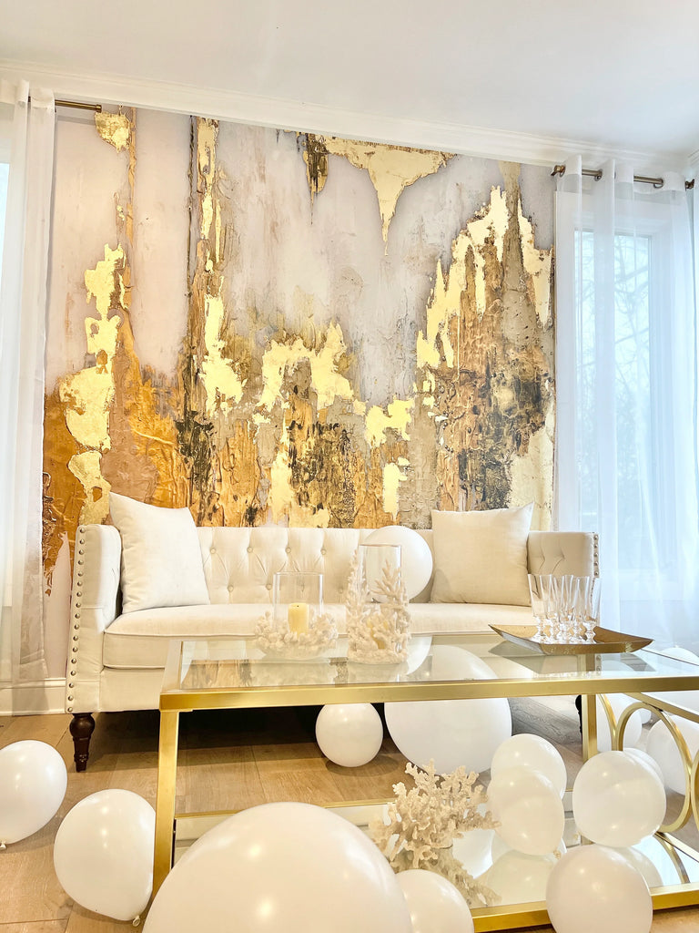 The fully staged interior design concept for our gold toned and textured wallpaper, Ethereal. This is a best recommended product for people interested in abstract, large scale home interior design decor that is maximalist and bold. This wallpaper has been installed in spas, hotels, restaurants, homes and offices. Designed by hand in the US by a women owned company. This product is one of the most unique home wall decor products on the market. 