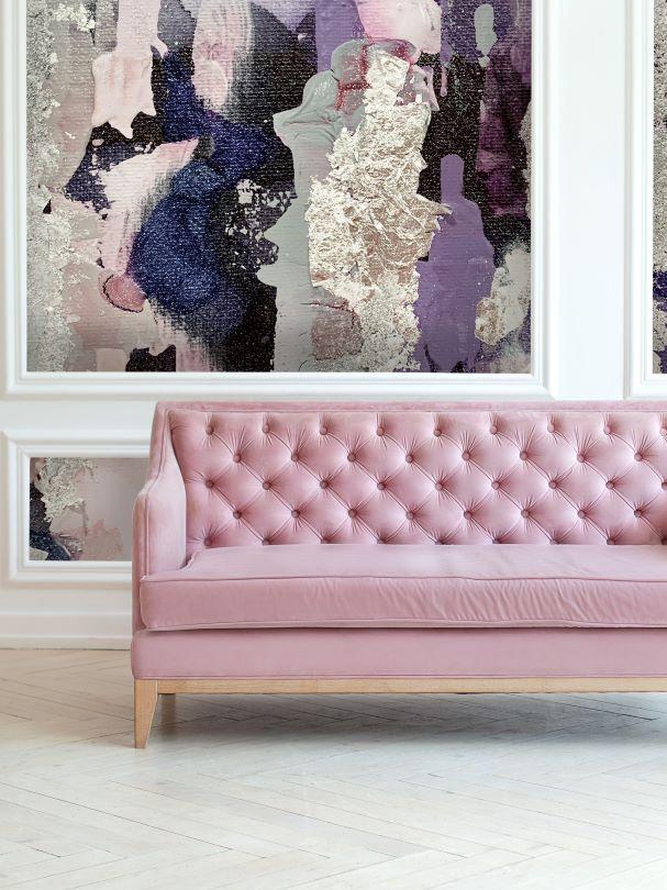 Living room setting with large scale luxury wallpaper design by famous interior designer, Vivian Ferne. Wallpaper decor is hand crafted from original abstract paintings.