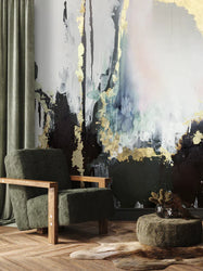 Section of living room interior design featuring wallpaper a luxury wallpaper design from famous abstract artist, Fran Maass Katz. This wallpaper design is inspired from an original abstract painting featuring blues, blushes and black tones with real gold textures. These designs are digitally enhanced to create stunning large scale wallpaper mural designs.