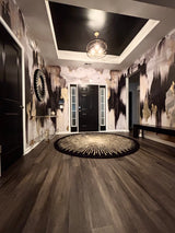 Vivian Ferne wallpaper review, black white and gold interior design, black and white entryway, gold wallpaper