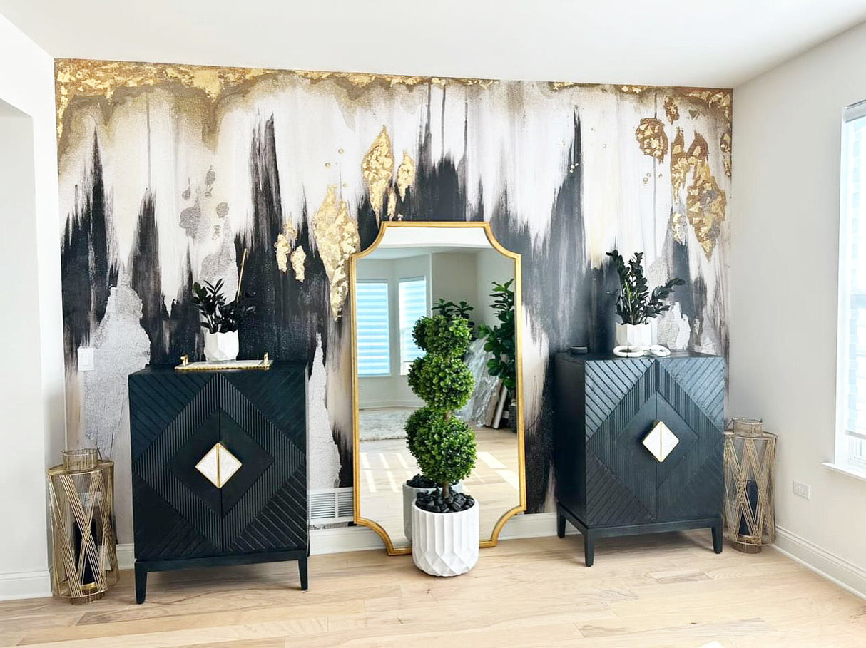 Vivian Ferne Wallpaper, Moody wallpaper, moody interior decor, modern farmhouse wallpaper, modern farmhouse itnterior, black and white interior, gold wallpaper, abstract wallpaper, vivian ferne review, renter friendly wallpaper, wallpaper wall mural, black and white wallpaper