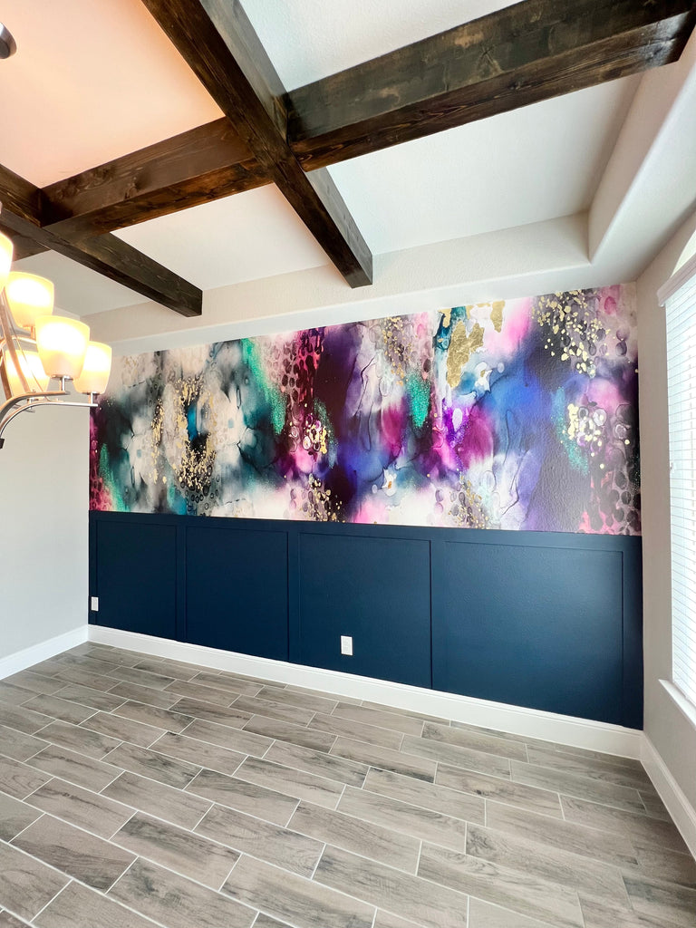 colorful dining room, dining room chandelier, dining room wallpaper, bold wallpaper, modern wallpaper, abstract wallpaper, dining room wall panel, vivian ferne wallpaper, nursery wallpaper, nursery wall art, abstract wall art, alcohol ink abstract art